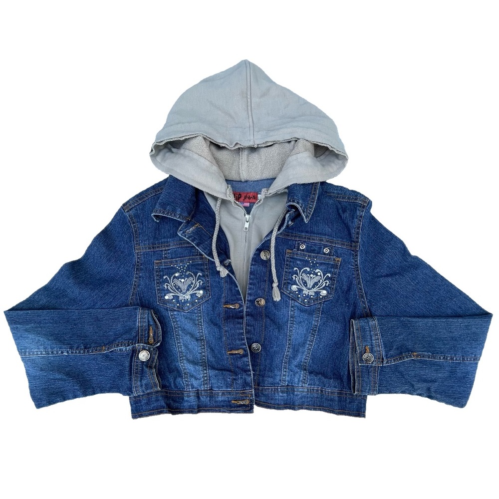 Vintage Hip Jeans Blue Denim Embroidered Cropped Hoodie Sweater Jacket